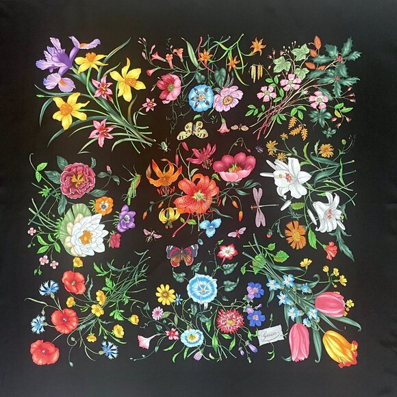 Gucci Scarf Flora Print Logo Black Multicolor Silk Wrap - Picture 1 of 16